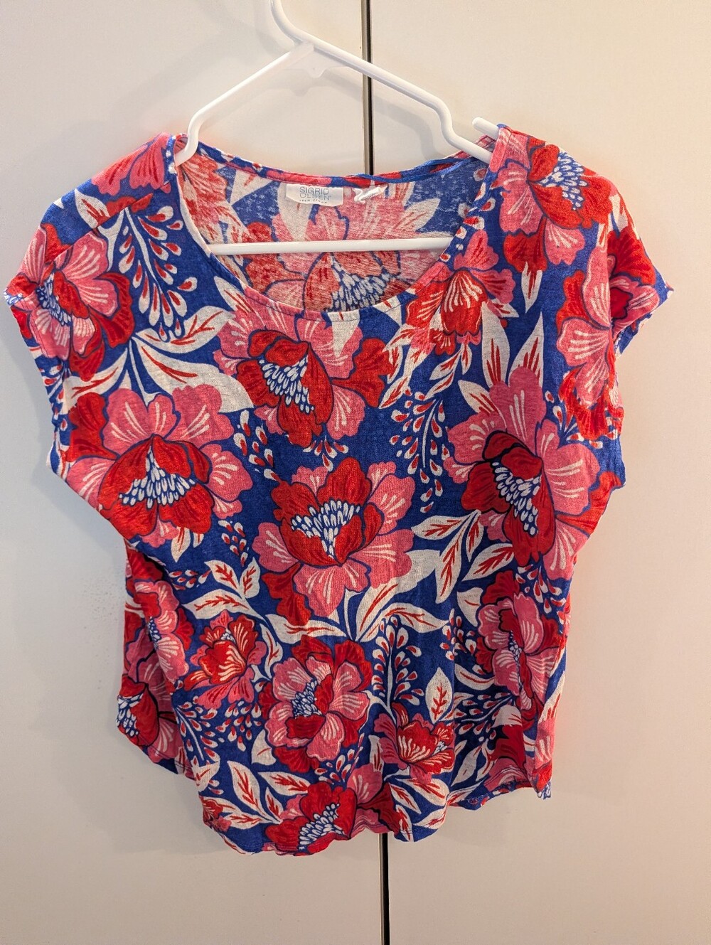 Sigrid Olesen Floral V-Neck Women's Large LinenTop - Blue & Pink